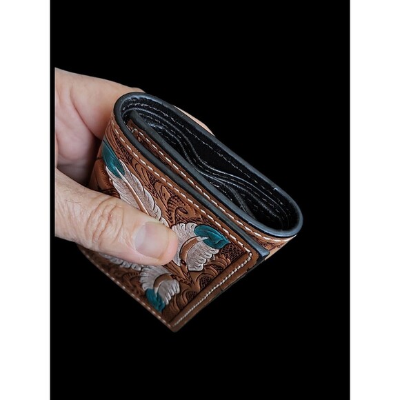 Natural Leather Tri-fold Wallet Floral Feathers Tooled by Ranger Belt Company - Picture 8 of 9